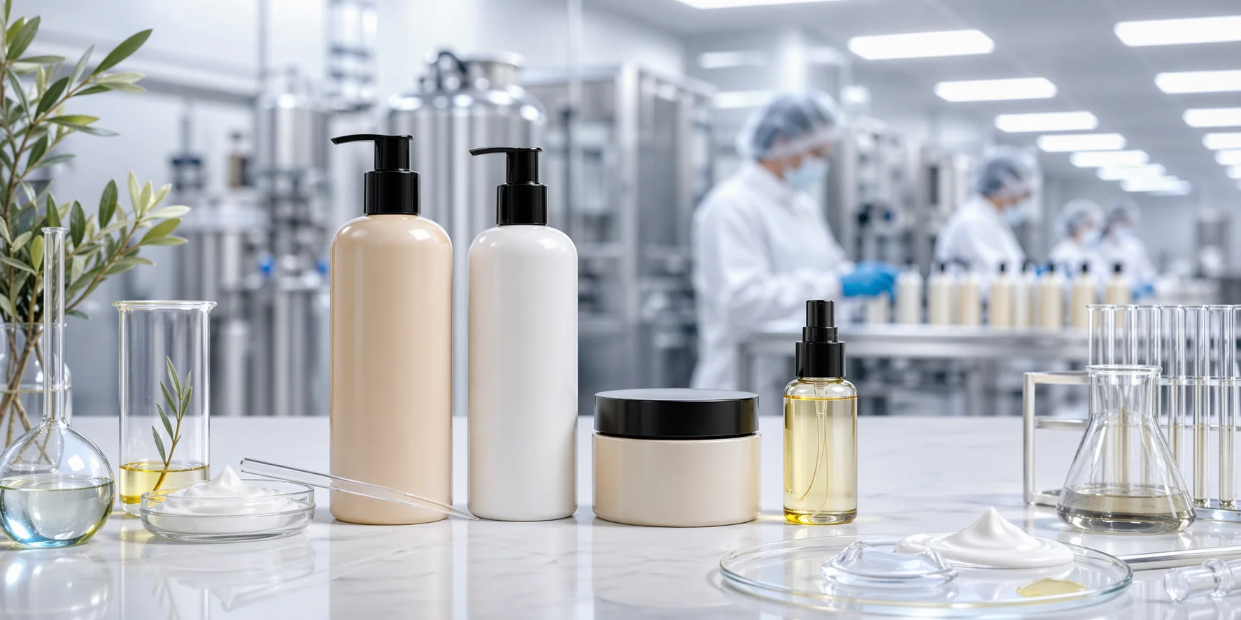Assorted cosmetic containers, creams, and beakers in a laboratory with workers in the background wearing protective gear.